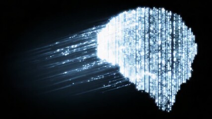 Luminous human head silhouette formed by a stream of glowing binary numbers representing digital consciousness, artificial intelligence, data processing, and modern technological concepts - Powered by Adobe