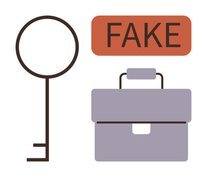 Key, briefcase and Fake text emphasize themes of fraud, forgery, access, deception. Ideal for fraud prevention, cybersecurity, identity verification, espionage access control business risks simple