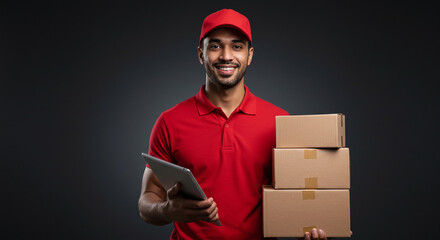 Friendly delivery driver with tablet and boxes promises fast reliable service, perfect for advertising logistics, courier, or e-commerce businesses