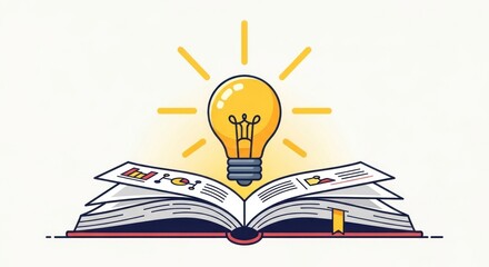 Conceptual illustration of light bulb above an open book symbolizing ideas and knowledge
