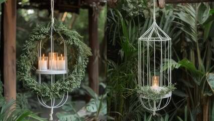 Two hanging candle holders, one a wreath, the other a cage, both adorned with greenery and suspended in a lush outdoor setting