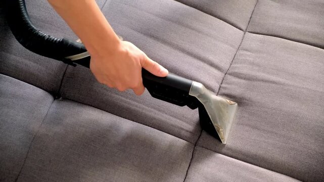 Hands cleaning service employee vacuuming grey couch in clients home. Cleaning to dirt, dust removal, ensuring furniture. Housekeeping, household chores, maid work job, cleaning business.