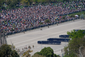 Panoramic aerial view of a military parade in O'Higgins Park, Santiago, Chile