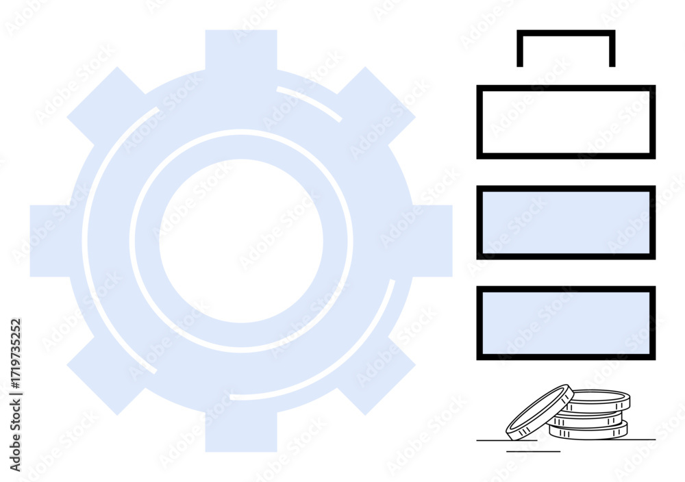 Aufkleber gear symbolizing operation, three-level hierarchy blocks for structure, and coin stack representing 