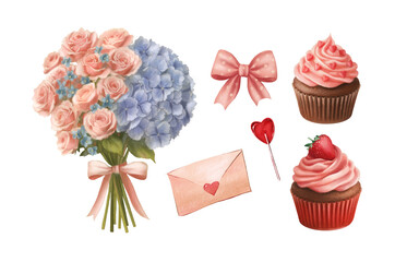 Valentine’s Day Clipart Set – Romantic Bouquet, Love Letter, Sweet Cakes an Bow Isolated Illustrations for Cards, Invitations, Scrapbooking and Desig