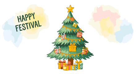 An illustrated Christmas tree decorated with festive ornaments, garlands, and a bright star, surrounded by presents and watercolor splotches