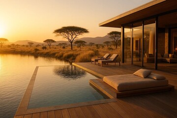 Luxury Safari Villa Beside a Clear Lake in African Wilderness at Golden Hour for Travel Banner