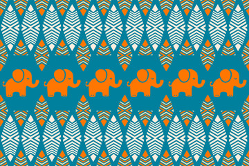 Seamless ethnic pattern with cute cartoon elephants and colorful tribal geometric ornaments in orange, teal, and white. Perfect for textile design, fabric prints, wallpapers, children’s decor, and dec