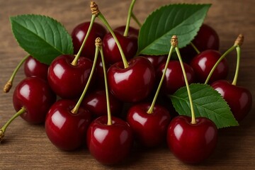 Pile of fresh, ripe cherries with green leaves on a wooden surface