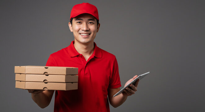 Friendly pizza delivery guy smiling holding pizza boxes and a tablet, offering fast and reliable service with a modern digital ordering system