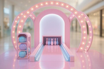 Hyperrealistic Futuristic Bowling Stand in Playful Pastel Tones for Creative Entertainment Banner