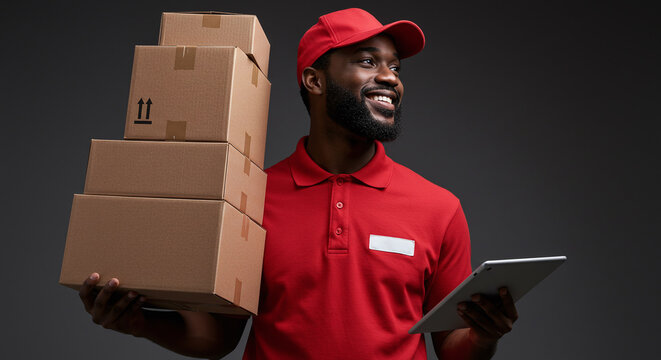 Efficient delivery worker smiles while holding packages and tablet, promising reliable service and prompt arrival, perfect for e-commerce ads and logistics