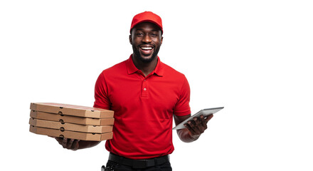 Friendly pizza delivery guy with a tablet and boxes ready to serve customers, showcasing fast and convenient service with a smile for your brand