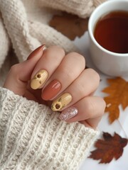 Autumn Nail Art with Sunflower Accent and Fall Colors