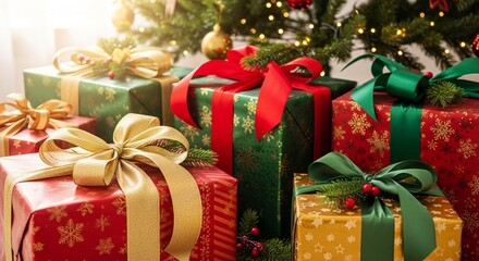 Close Up of Large Christmas Gift Boxes with Bright Ribbons Under Festive Tree for Luxury Holiday Banner