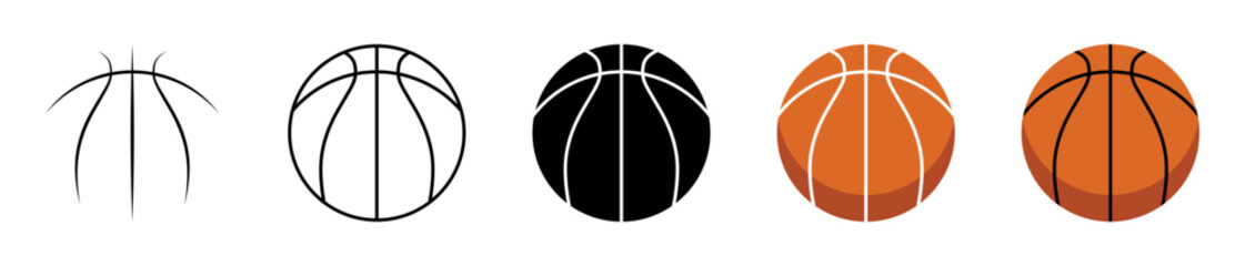 Set of basketball icons in outline, fill and color. Basketball icons set in different styles- stroke, outline, black, fill and orange color isolated on white background © TheOrigins