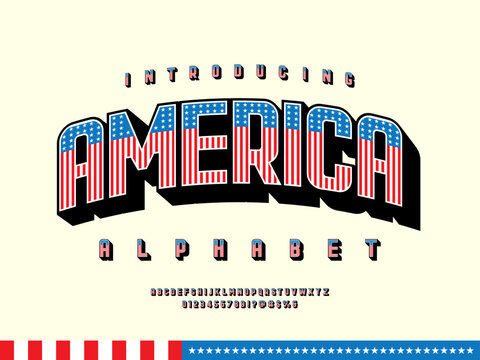 America flag style alphabet design with uppercase, numbers and symbols