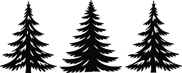 Naklejka premium Christmas tree silhouettes, black pine icons, winter holiday design, snowflake background, vector illustration, festive nature symbols, seasonal graphic art, minimalist Christmas elements