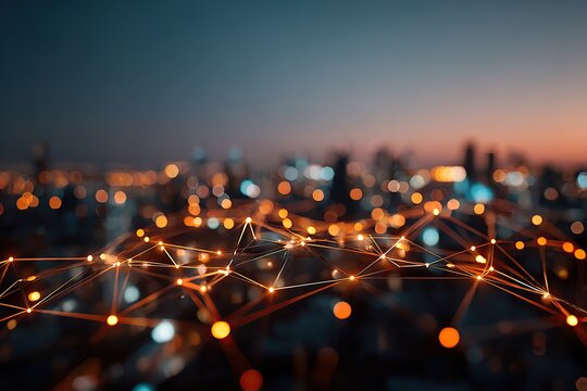Network visualized as a floating web over a cityscape at dusk