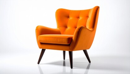 Fototapeta premium Orange Velvet Chair: A luxurious, stylish armchair, upholstered in vibrant orange velvet, stands as a statement piece, epitomizing comfort and modern design in a bright studio setting.