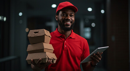 Smiling delivery man holding takeout containers and digital tablet for accepting online orders with fast and efficient professional food service
