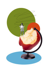 Vertical poster collage young coquette woman apple fruit bitten vitamins food healthy globe planet...