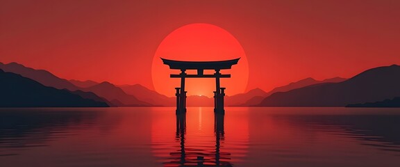 Torii gate at sunset over calm water
