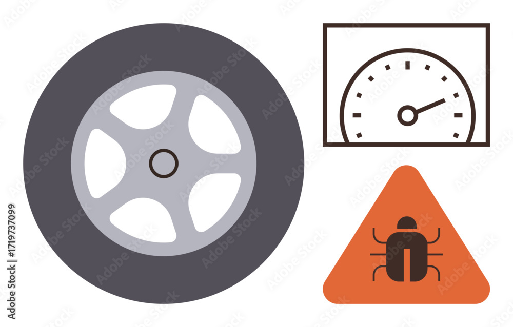 Aufkleber wheel and speedometer reflect motion and performance, paired with a warning triangle featuring a bug