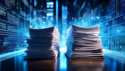 stacks of papers beside glowing digital screens represent the shift from traditional paperwork to automated smart contracts symbolizing efficiency innovation and digital transformation