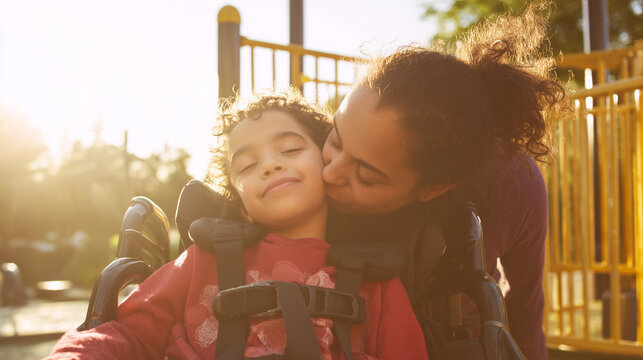 Inclusive family time at the playground – a caring mixed-race mother spending quality time with her wheelchair-using child. Celebrating disability inclusion, parenting, and diversity in outdoor spaces