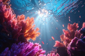 Fototapeta premium Vibrant underwater coral reef with sunlight