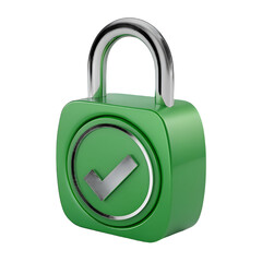 3D Green Lock Icon with White Check Mark Isolated on Transparent Background