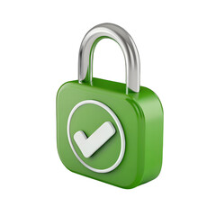 3D Green Lock Icon with White Check Mark Isolated on Transparent Background