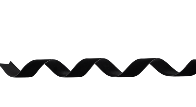 A simple black serpentine ribbon, a minimalist decorative element for modern gift wrapping and graphic design. Transparent Background, Cutout