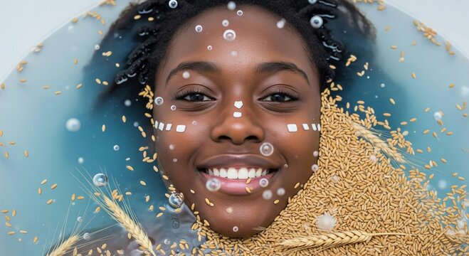 Serene Black teen with joyful eyes relaxes in bubble bath with face mask, soft light capturing unwind ritual for youthful self-care and stress-relief bathing visuals