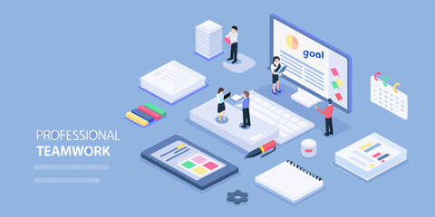 Obraz premium Diverse professionals collaborating on a project with charts and data on a computer screen and mobile device