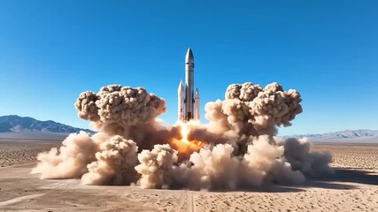 Powerful Rocket Launching into Clear Blue Sky from Desert Landscape.