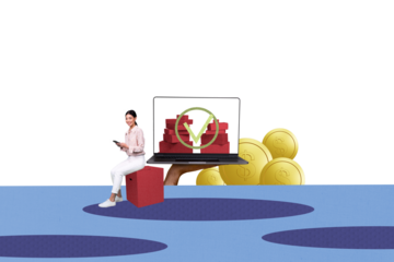 Composite trend artwork collage of young attractive lady hand hold smartphone sale buyer black friday consumer online retail laptop coins