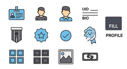 A collection of user profile icons, showcasing various elements like identification, verification, and connection.