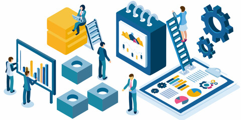 Business team collaborating on data analysis and strategic planning with charts and graphs