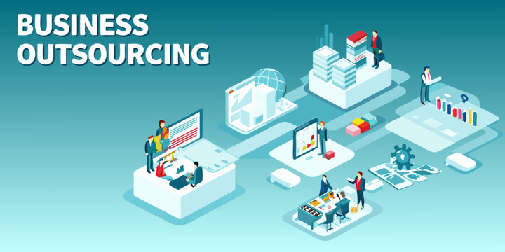 Business outsourcing concept with isometric business people and technology elements