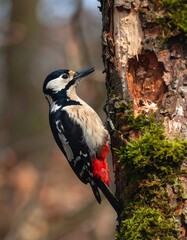 Woodpecker on a mossy tree trunk