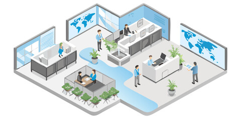 Obraz premium Isometric view of a modern office space with employees working and world maps displayed on walls