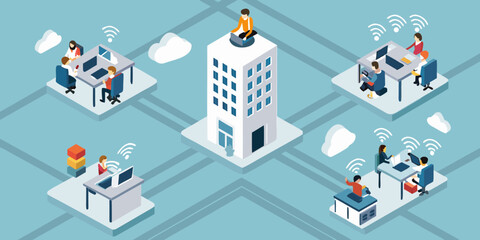 Isometric illustration of a distributed workforce collaborating remotely with a central office building and wi fi signals