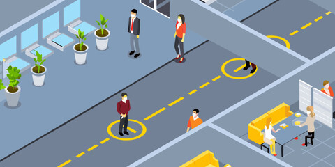 Office workers practice social distancing with masks and floor markers in a modern workspace