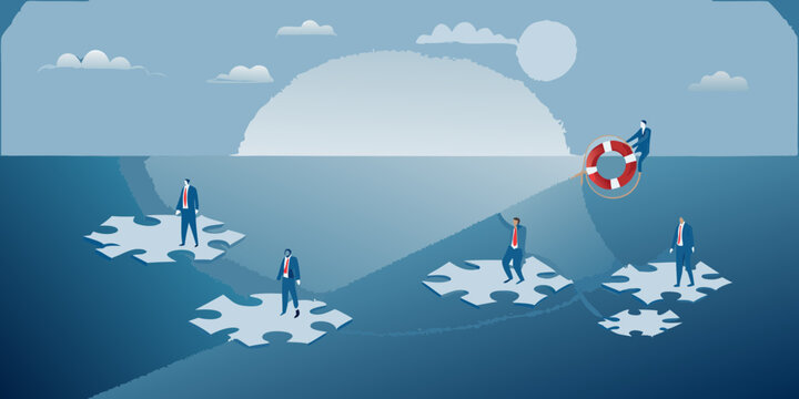 Businessman throws life preserver to colleagues stranded on puzzle pieces in the ocean