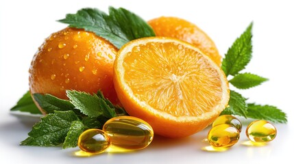 Vitamins and Citrus Fruits: Vibrant oranges and Vitamin capsules with green leaves arranged to create a still-life composition.