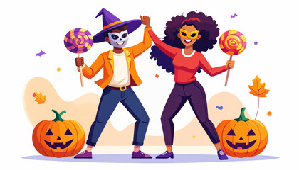 Fototapeta premium Celebrating Halloween A Joyful Couple's Dance Amidst Pumpkins, Candy, and Festive Leaves