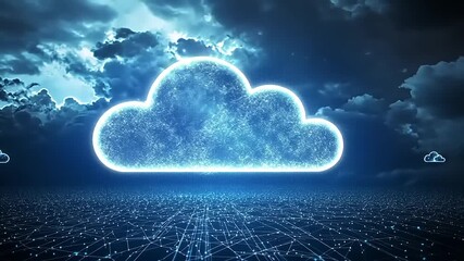 Digital cloud computing concept with glowing network connections under a dramatic sky background - Powered by Adobe