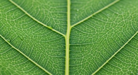 Obraz premium Closeup of a vibrant green leaf showcasing intricate vein patterns and scattered water droplets